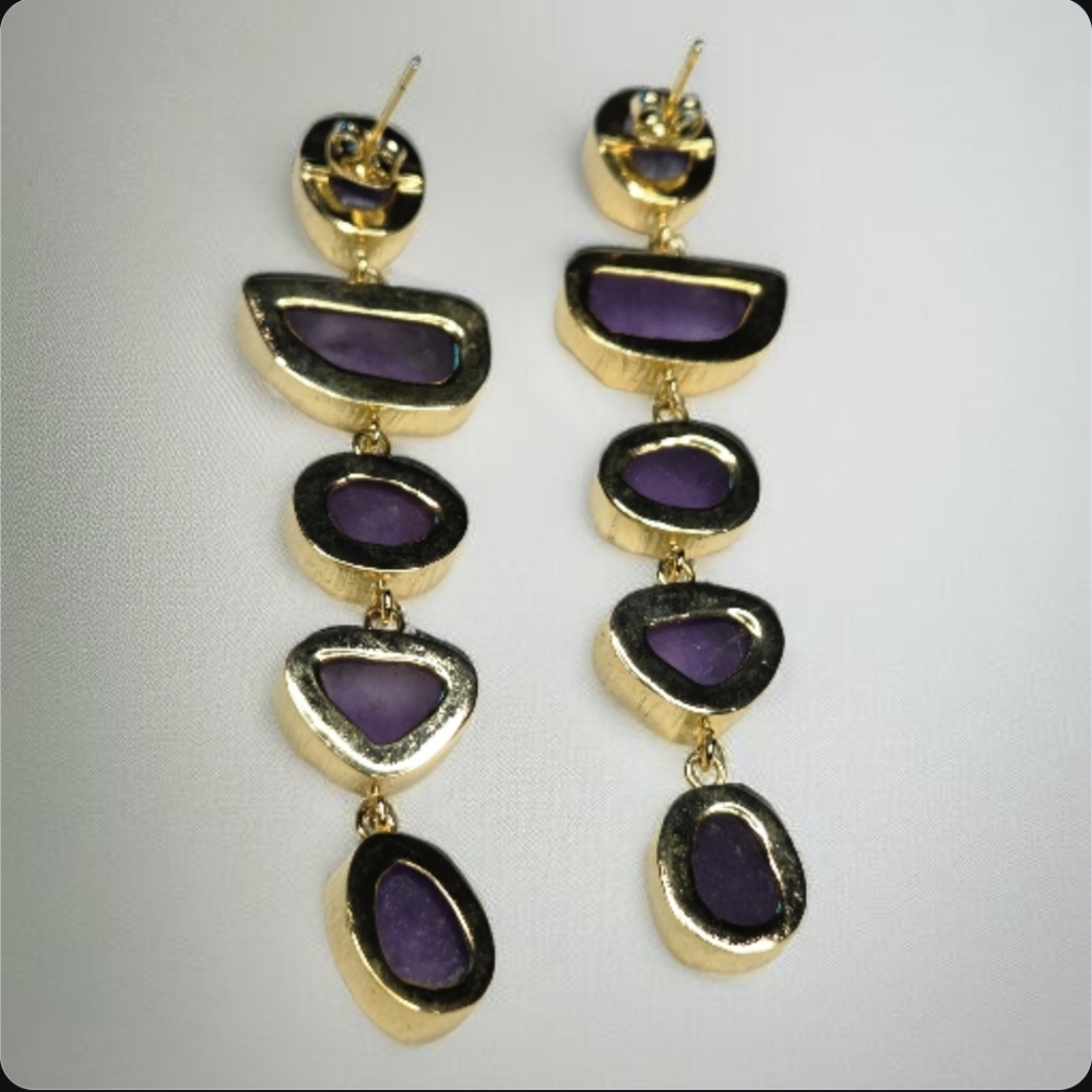 22k Gold Plated Genuine Raw Amethyst Crystal Long Dangle Earrings - Picture 5 of 6